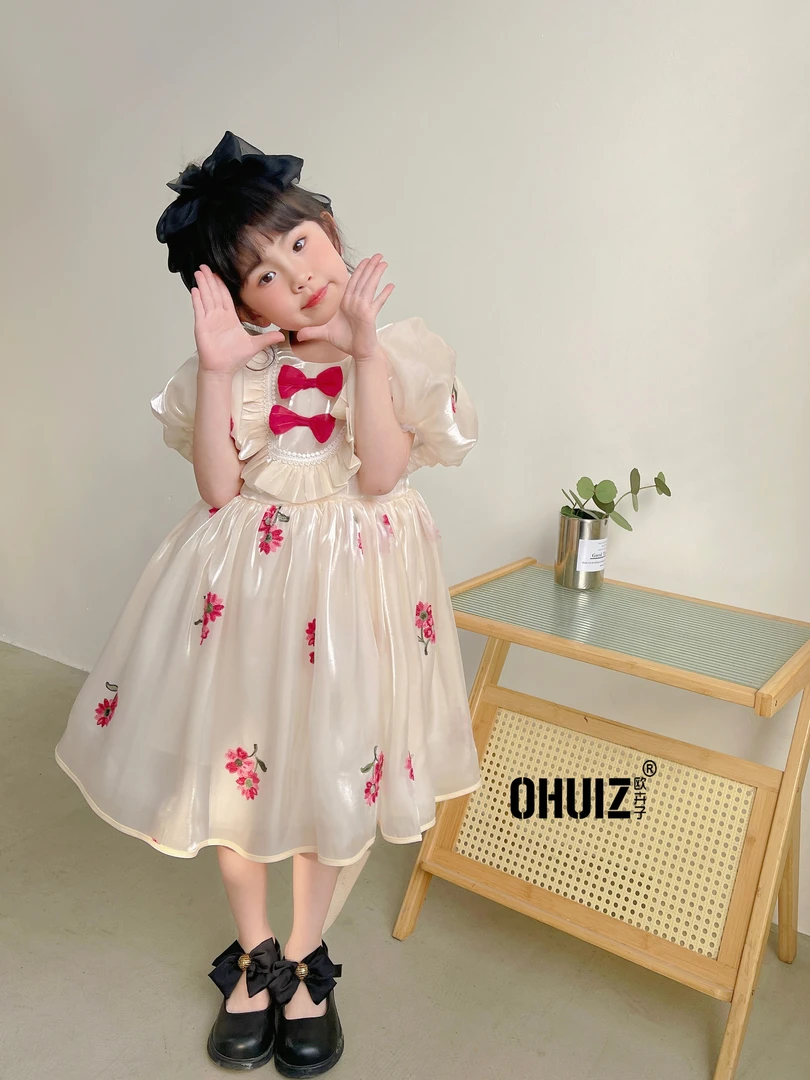 设计师夏款轻奢蝴蝶刺绣流光纱洋女宝泡泡袖气风时尚连衣裙公主裙