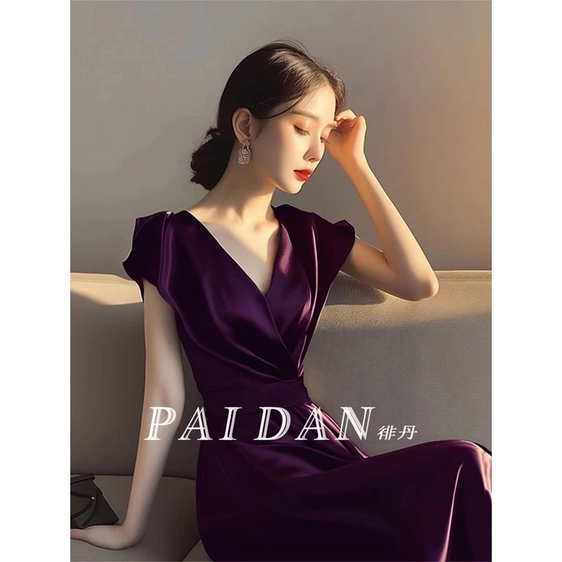 专柜商场撤回国际大牌剪标女装收腰显瘦长裙气质紫色醋酸连衣裙子