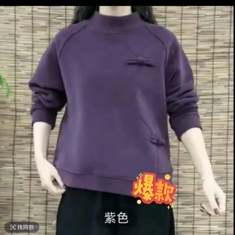 春季新款圆领国风不规则盘扣德绒长袖时尚洋气上衣