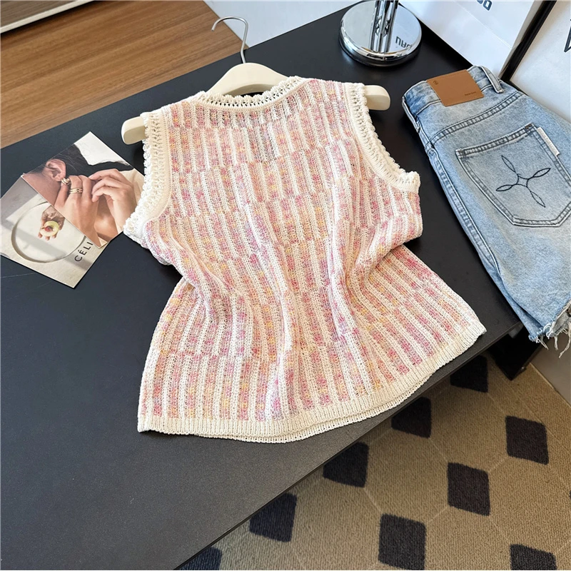 镂空条纹针织短袖女2025新款高级背心夏季宽松别致独特小上衣