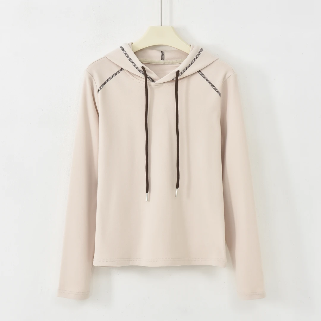 JIANYOU-[拼接时尚]2025秋冬新款撞色明线抽绳连帽显瘦T恤HT-U352