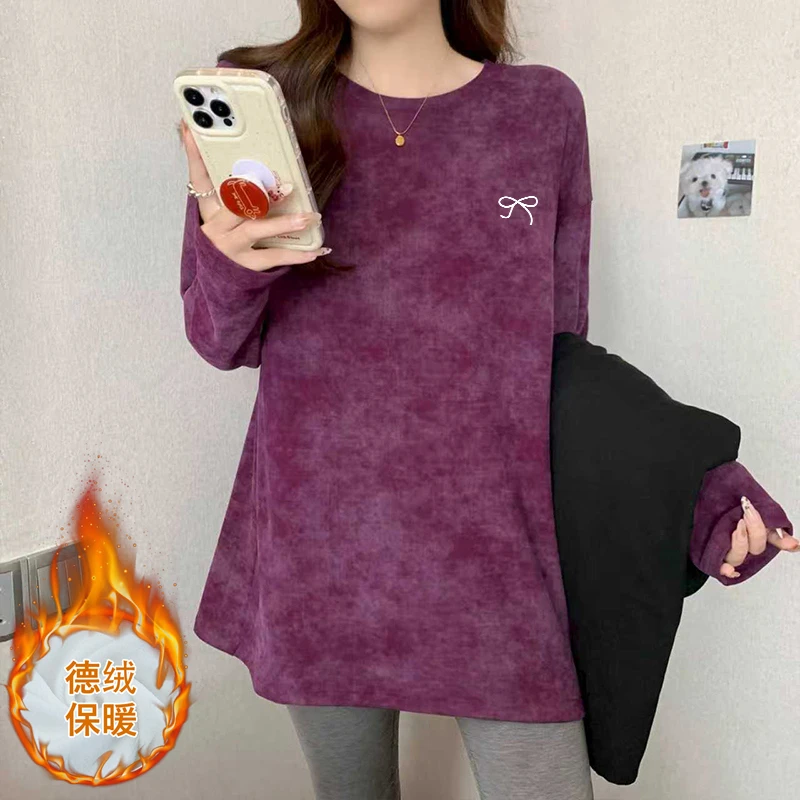 美式扎染中长款磨毛打底衫女内搭双面德绒遮肚长袖T恤上衣秋冬季