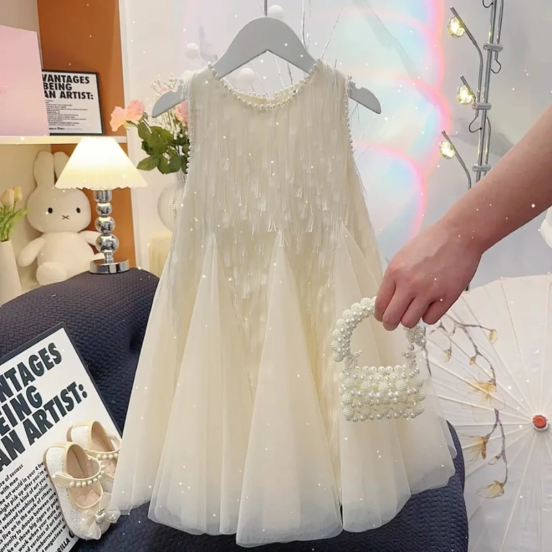 夏日新款女童中大童洋气时尚白月光无袖气质儿童流苏珍珠连衣裙S