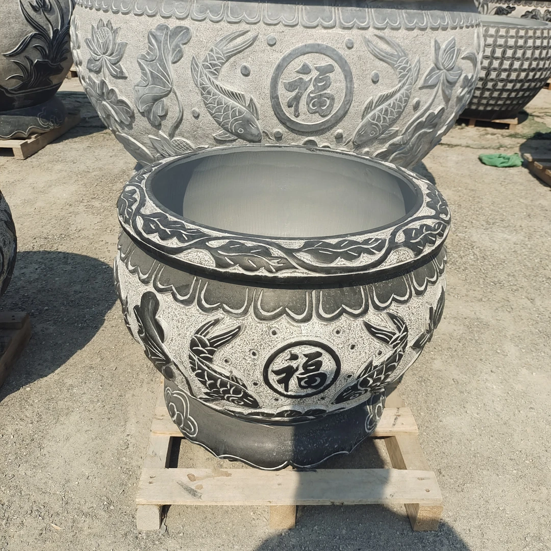 石雕鱼缸青石花盆仿古荷花庭院流水摆件圆缸门海大缸石头大缸