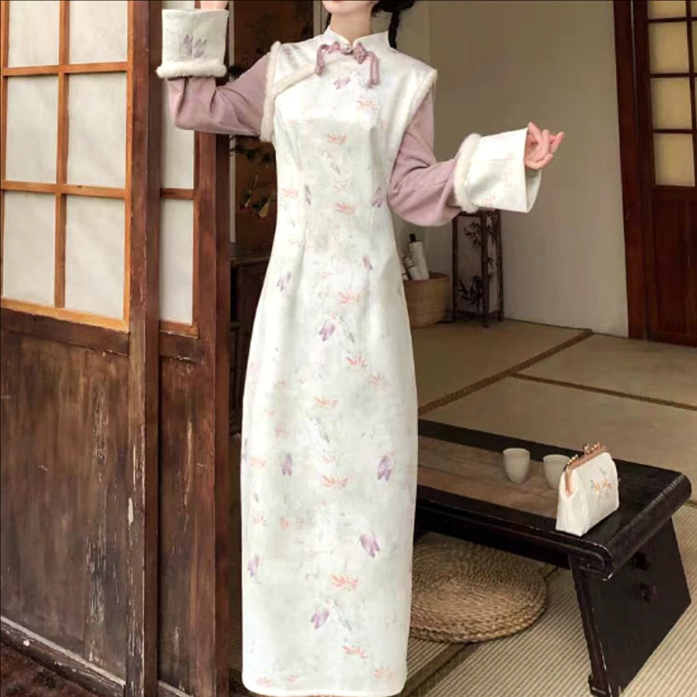 大码女装300斤胖MM新中式国风气质印花拼接长袖连衣裙66717