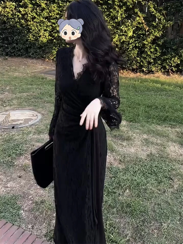 2025年早秋网红新款时尚高端轻熟风气质V领系带长款减龄连衣裙女