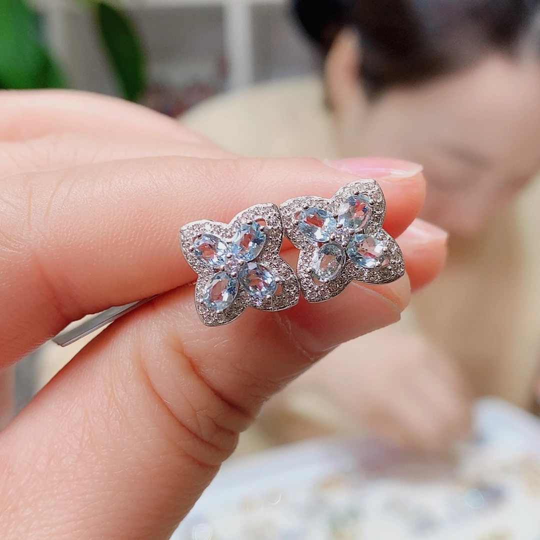 银S925镶嵌耳钉海蓝宝石