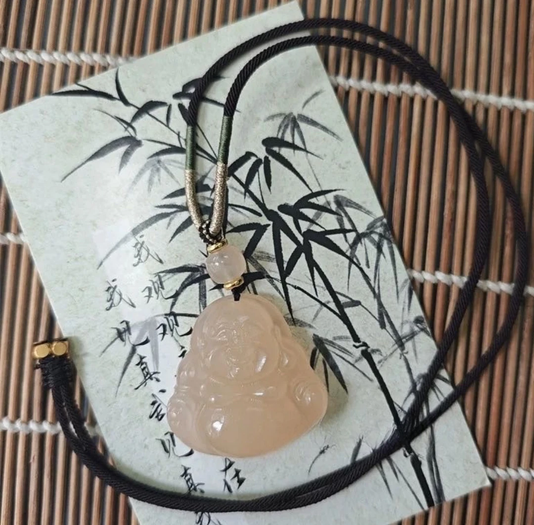 非金属布艺项链 双面雕刻大肚弥勒佛吊坠