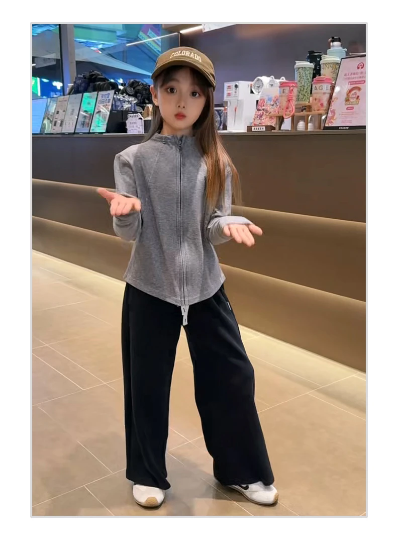 女童秋季套装新款休闲纯色拉链上衣格子弯刀裤休闲百搭两件套2025