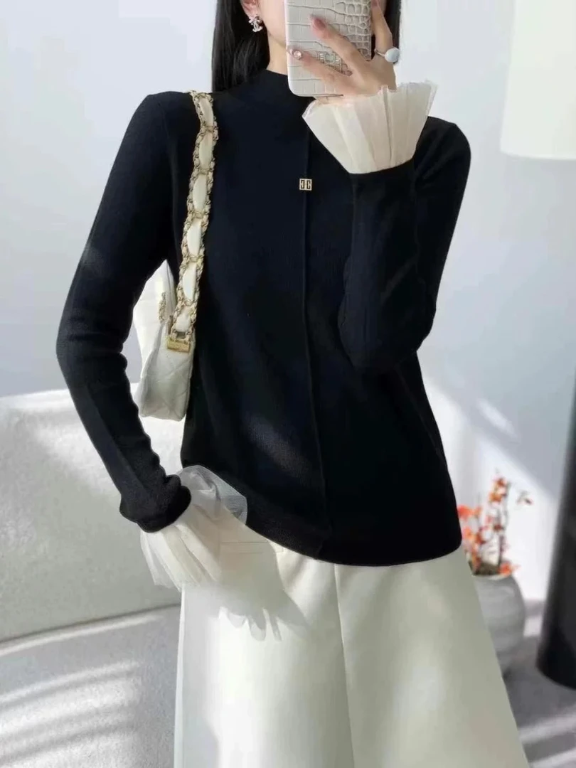 6319#半高领细羊毛针织内搭女秋冬款时尚蕾丝花边拼接喇叭袖毛衣