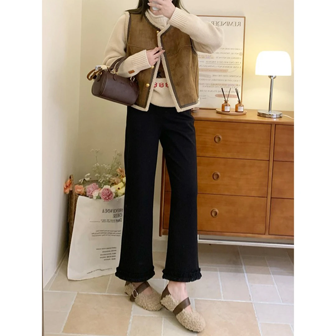 黑色木耳花边休闲裤女秋冬加绒胖妹妹mm梨形报恩裤宽松显瘦阔腿裤