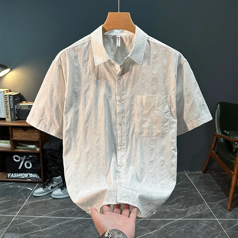 ICCLEK轻奢潮牌简约清新短袖衬衫男薄款时尚百搭休闲宽松舒适衬衣