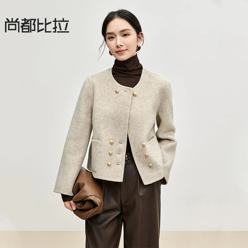 尚都比拉高原软黄金绵羊毛短款双排扣小香双面呢外套56625