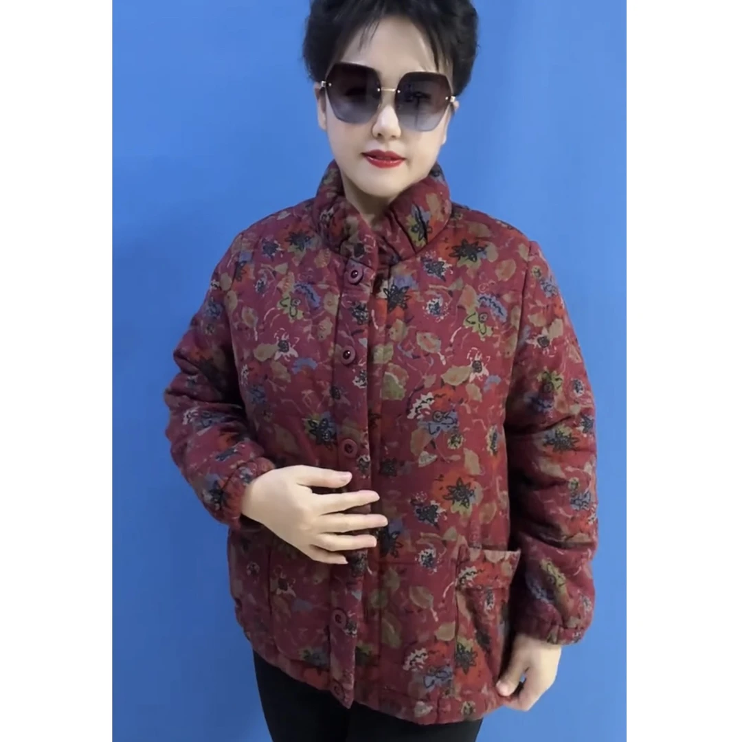 冬季冬天加棉新款碎花立领加厚保暖中老年妈妈装棉服外套棉袄