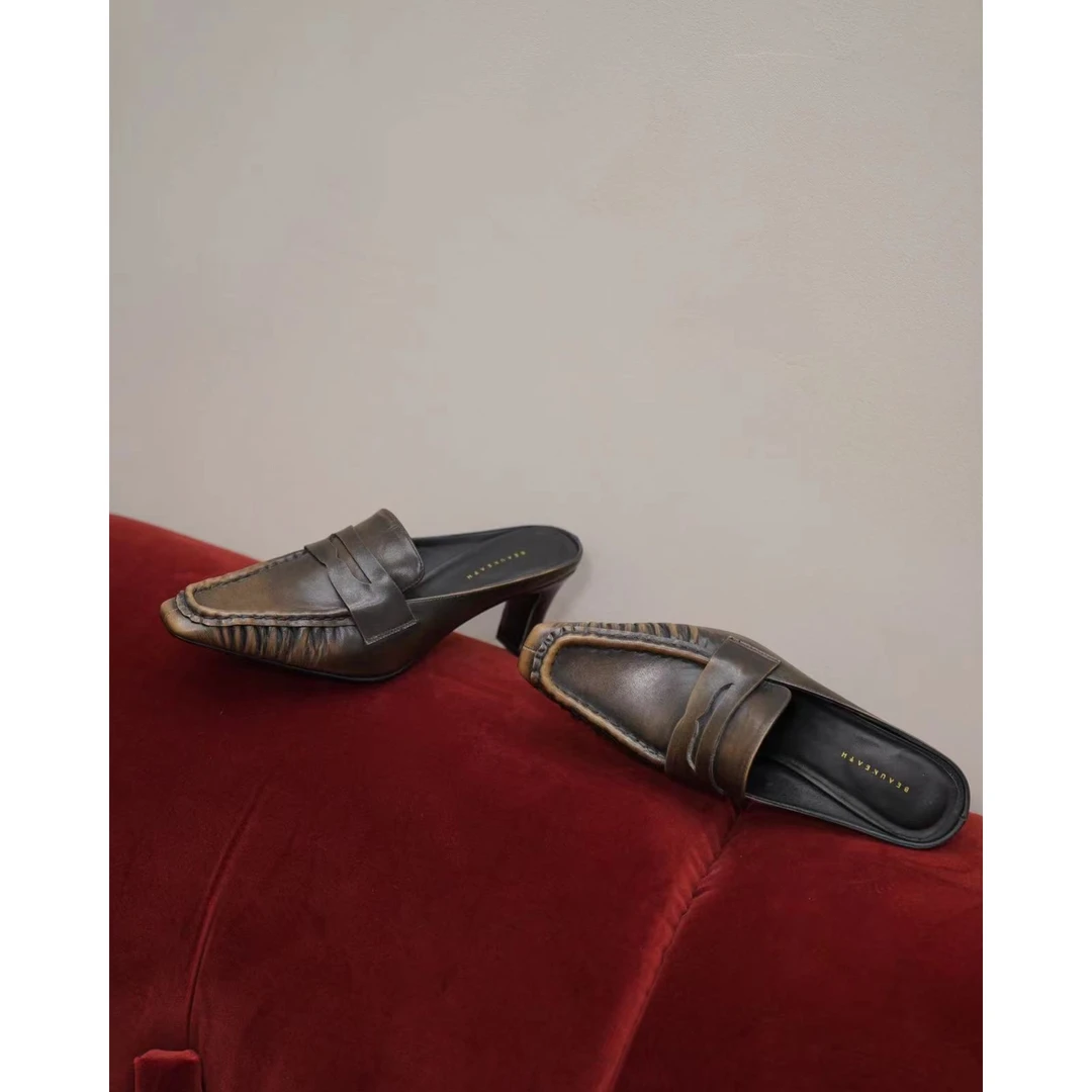 【买不到的独特】中古手工双色牛皮做旧羊皮里艺术方头6cm舒服单鞋