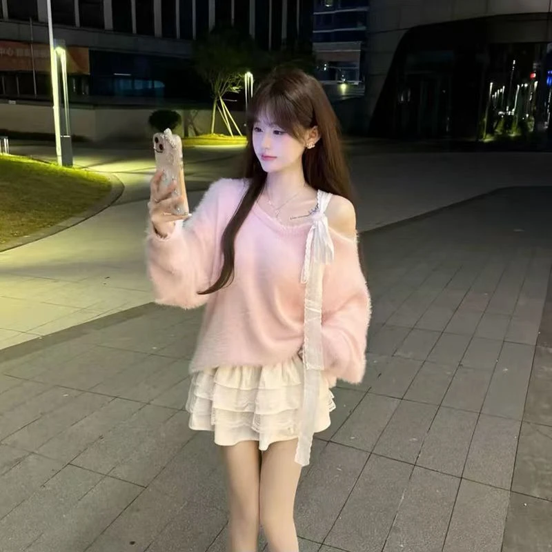 针织衫女款爆款2025新款女装辣妹时尚性感甜酷纯欲露肩毛衣女105