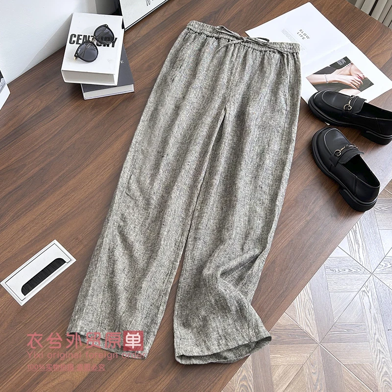 （复古亚麻直筒裤）8661-1新款时尚舒适百搭松紧腰系带亚麻裤H