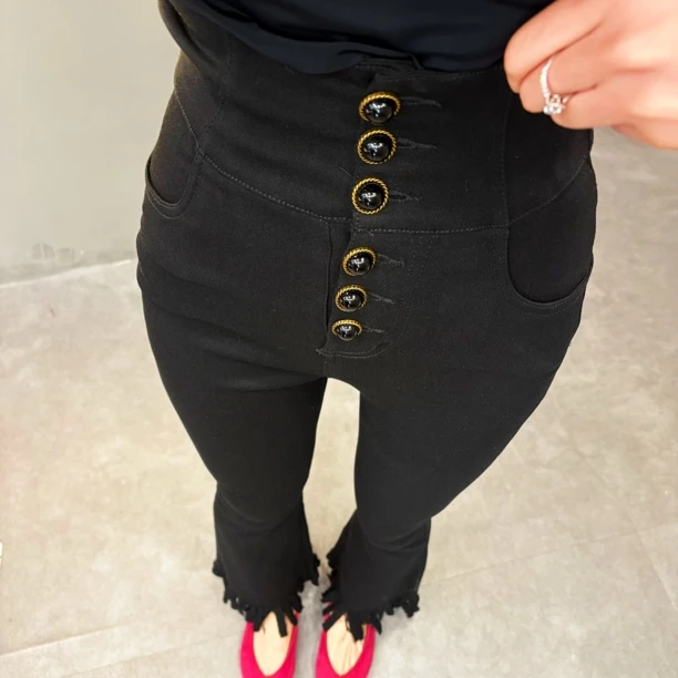 漂亮家「线条腿」春款高腰弹力排扣显瘦流苏喇叭小黑裤2511