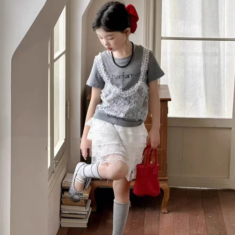 女童短袖t恤夏装套装薄款2025新款洋气爆款女孩半身裙高级感穿搭