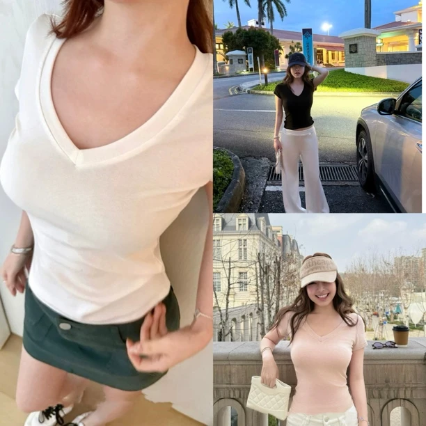 婴儿肌裸感羊毛纯欲v领正肩修身t恤短袖上衣