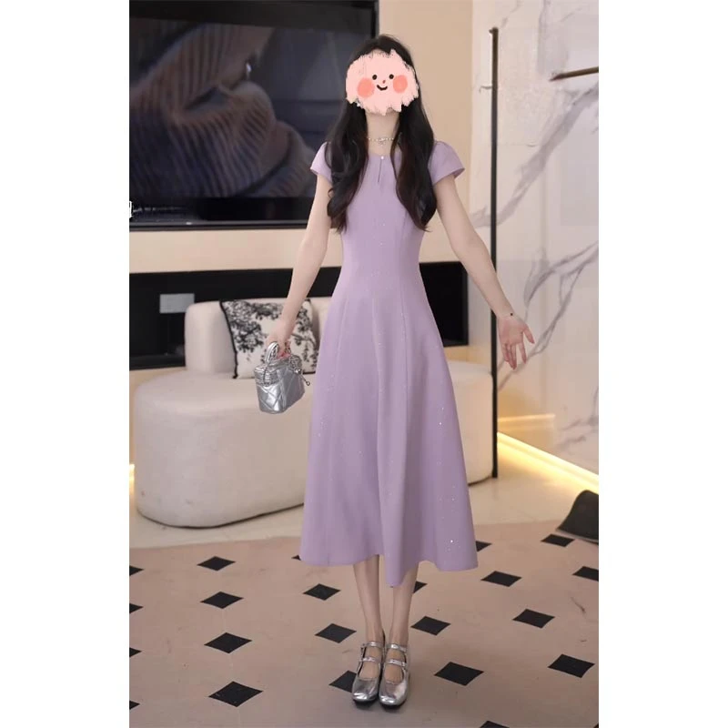 韩版欧若风休闲连衣裙女2025年夏季新款高级感圆领短袖纯色长裙子