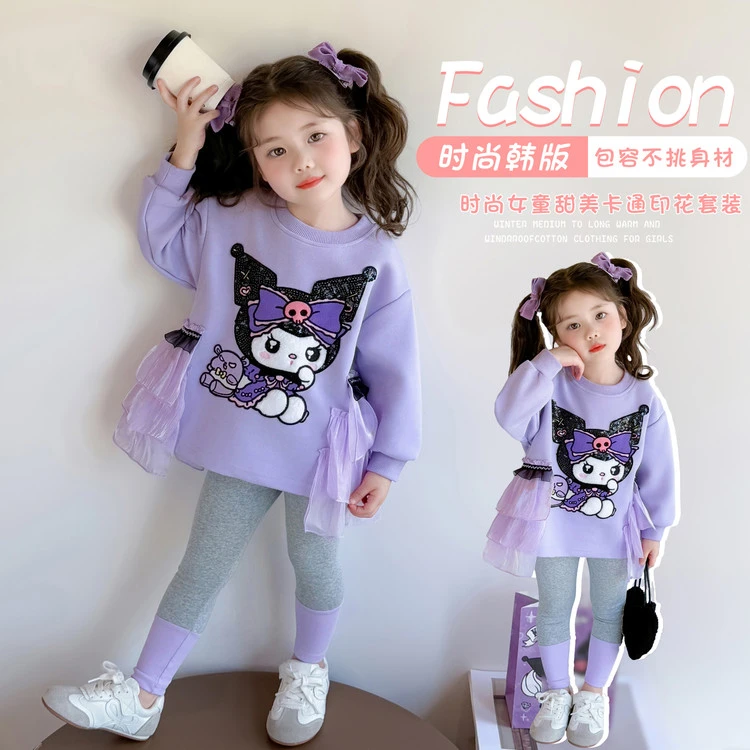 时尚印花甜美卡通女童秋季洋气宽松圆领长袖套装秋季女童韩版长袖