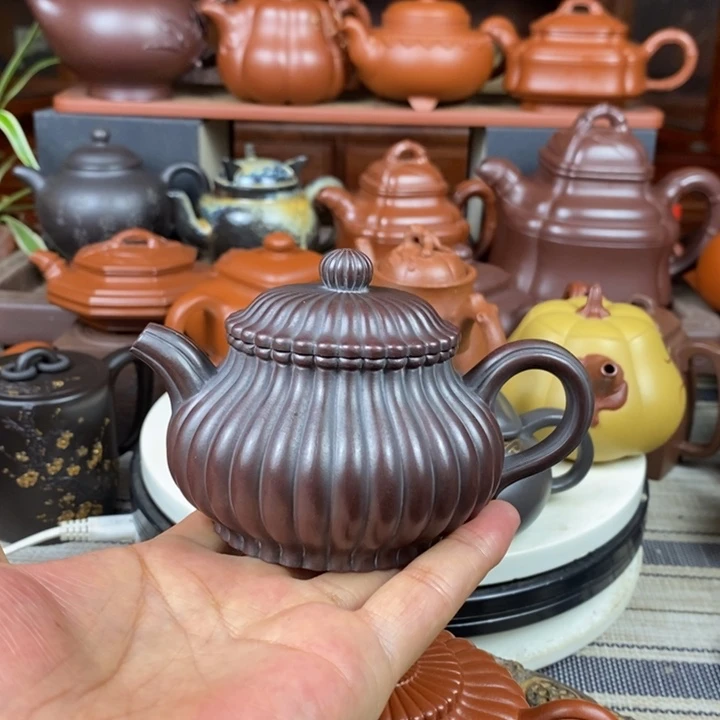 茶壶紫砂筋纹潘壶200CC原矿老紫泥还原烧