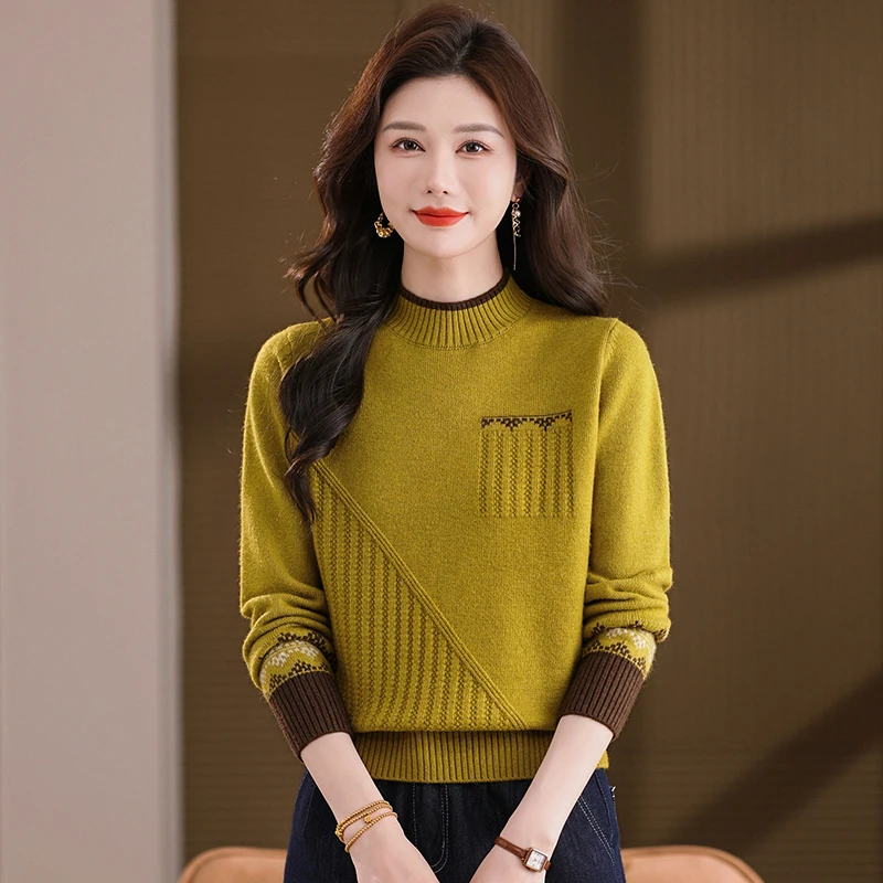 半高领假口袋毛衣女秋冬内搭厚款洋气宽松显瘦针织衫打底上衣百搭