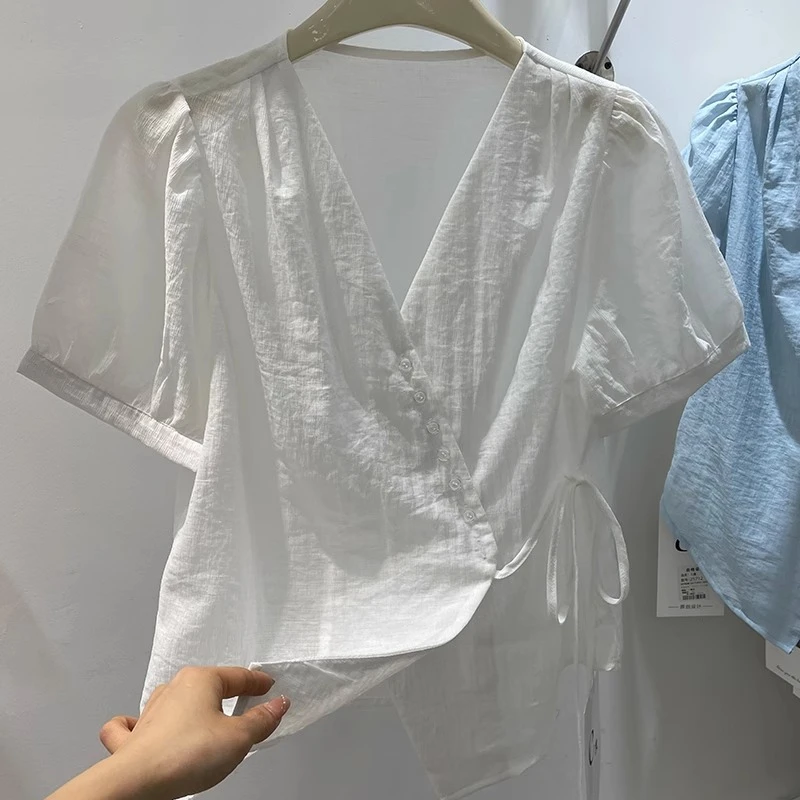 韩系小众V领系带短袖衬衫2025夏季新款女设计感不规则显瘦上衣潮