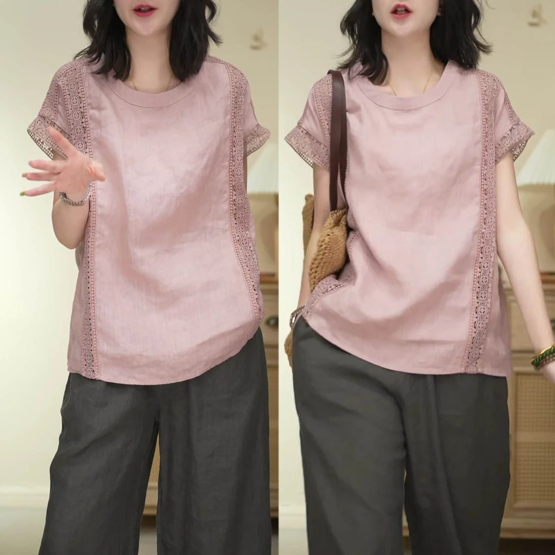 小众时尚蕾丝拼接短袖T恤女2025年夏季新款宽松显瘦百搭休闲上衣