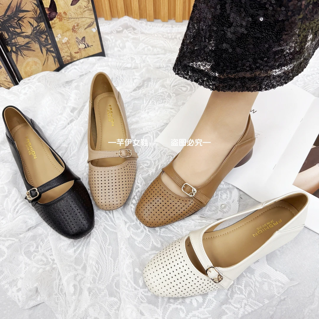 夏季新款低跟打孔洞洞单鞋软皮舒适时尚百搭通勤方头女鞋