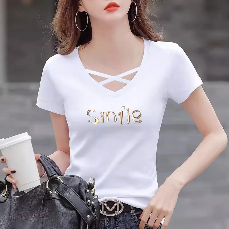 多巴胺白色显瘦修身设计感v领交叉短袖t恤女2025春夏季流行洋气百
