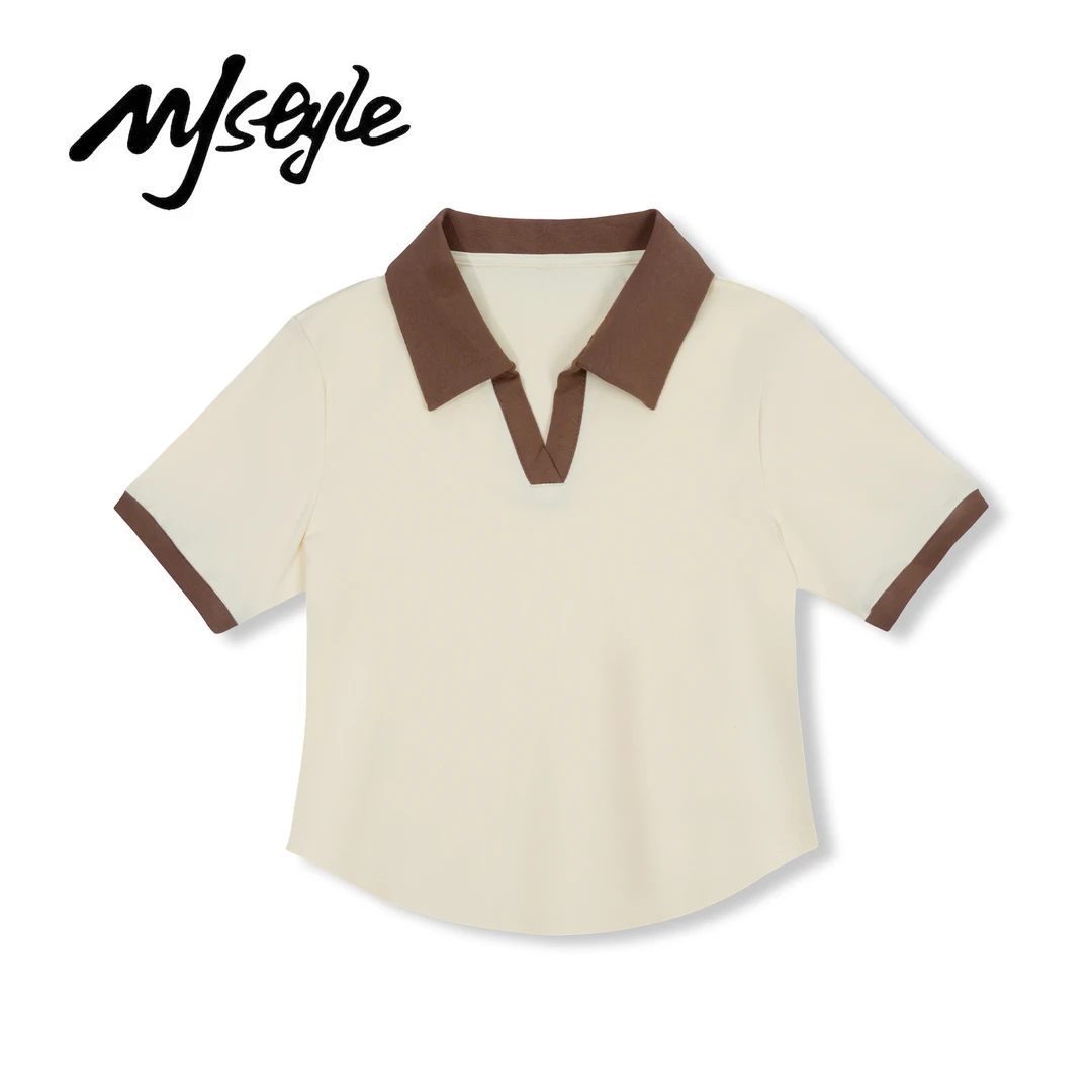 夏季清纯甜美撞色正肩polo领短袖修身显瘦女T恤通勤简约百搭时尚