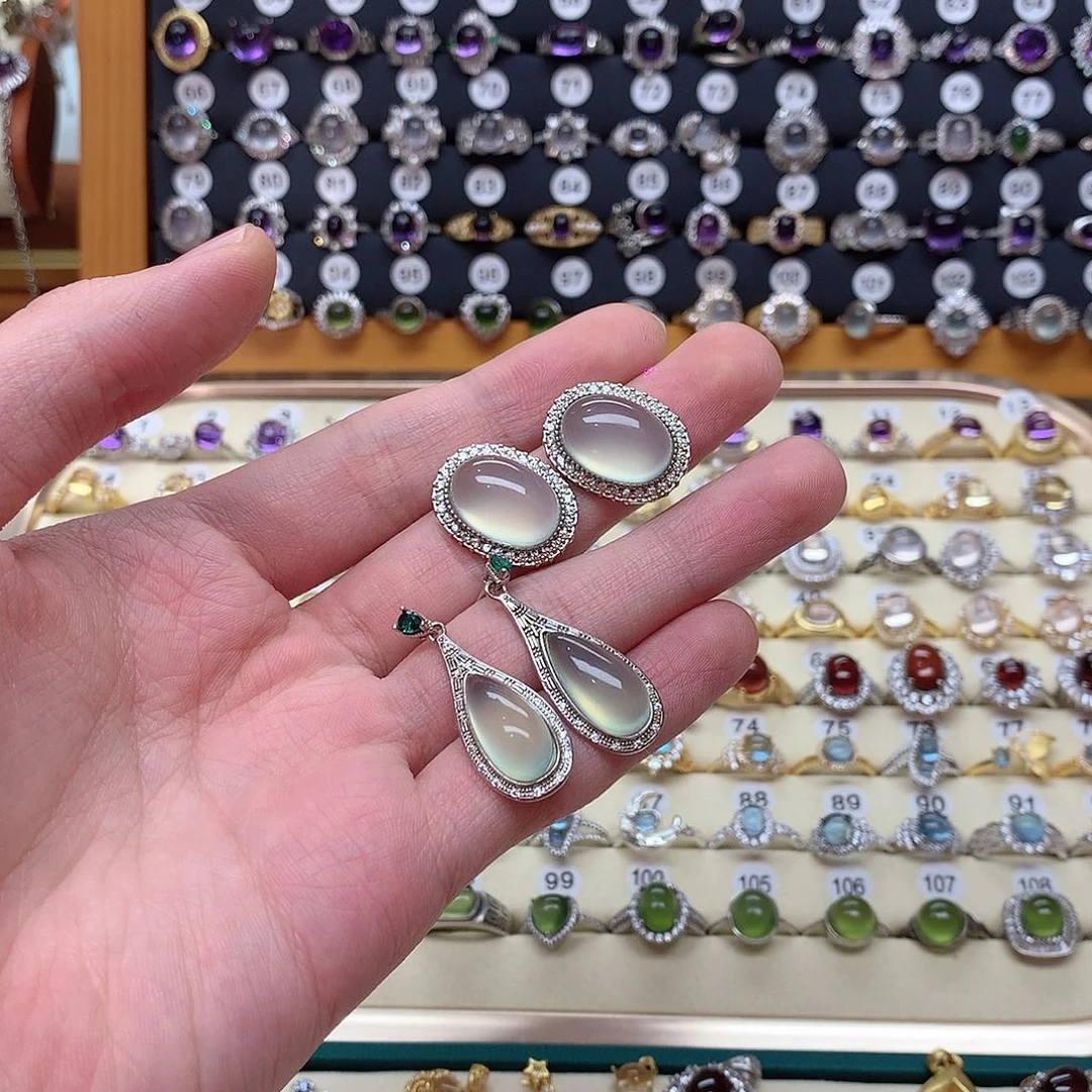 蛇纹石玉耳钉银S925镶嵌慕*