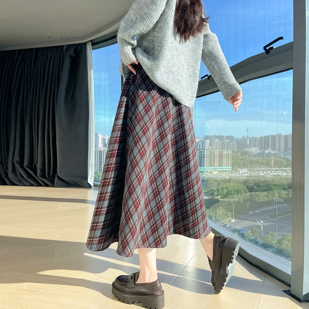 红咖色格子半身裙女秋冬2025爆款巨好看高腰显瘦a字中长款毛呢裙