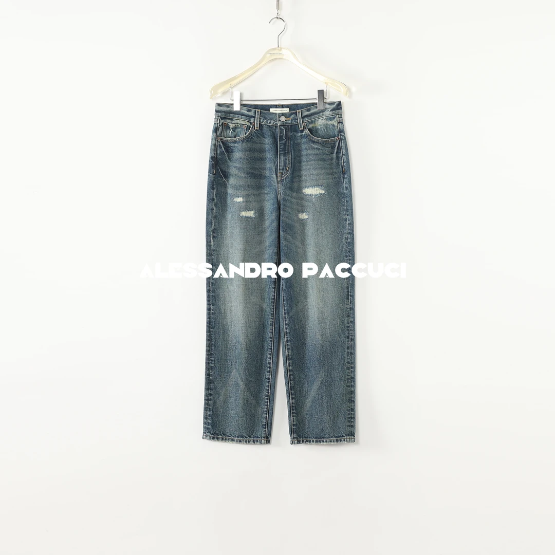 AP洛哥53058NK【时光蜕变】100棉蓝色脚口磨破设计复古时尚牛仔长裤