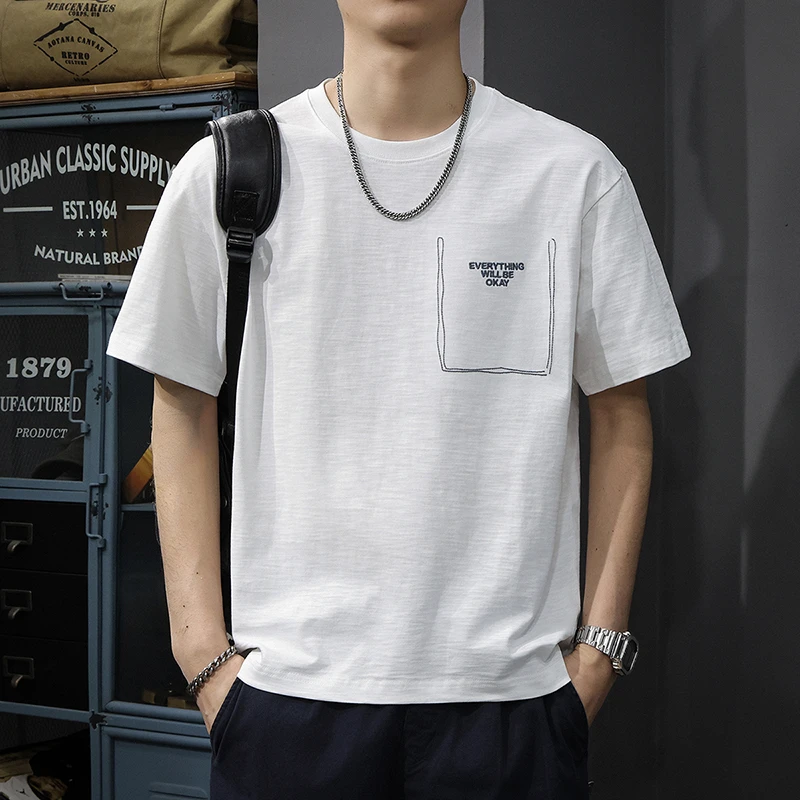 aoyu/遨宇夏季薄款凉感竹节棉短袖t恤男美式痞帅ins刺绣休闲体恤