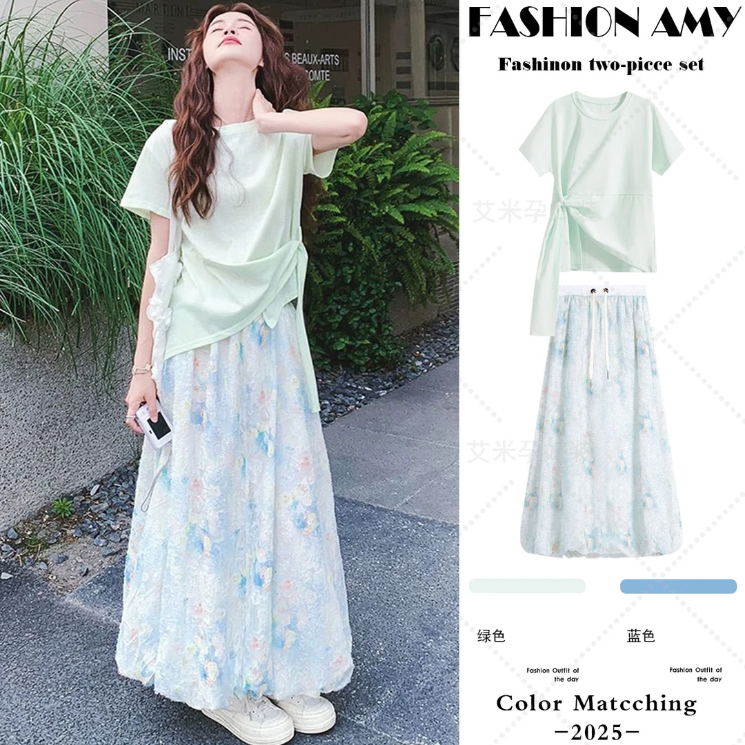 孕妇套装夏装新款时尚韩版气质不规则短袖短袖上衣休闲碎花半身裙