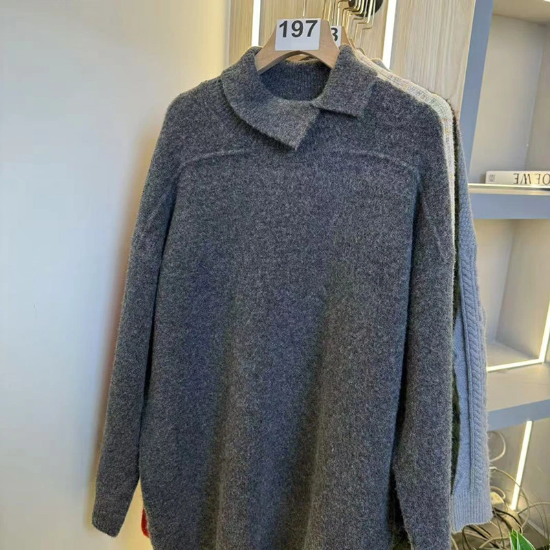 秋冬超大版慵懒风外穿绵衫设计师款斜方领中长款过pp