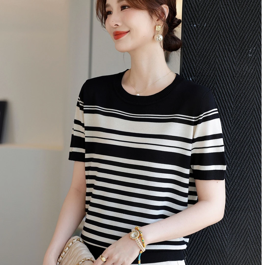 洋气条纹妈妈装针织小衫夏装短袖新款上衣减龄气质中老年女装T恤