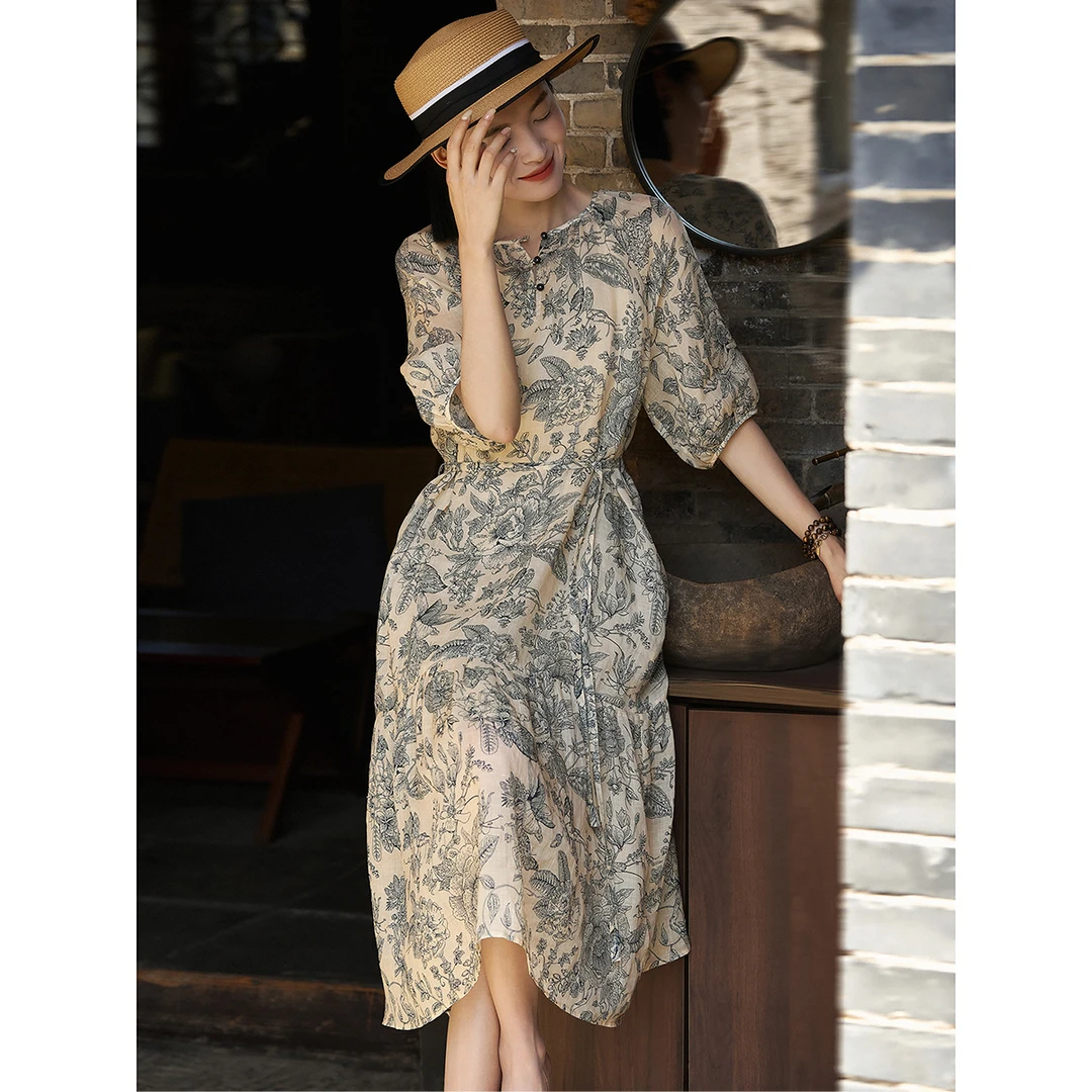 国画百花集丨艺术感印花抽褶法式连衣裙 春季新品QZZ882715MG