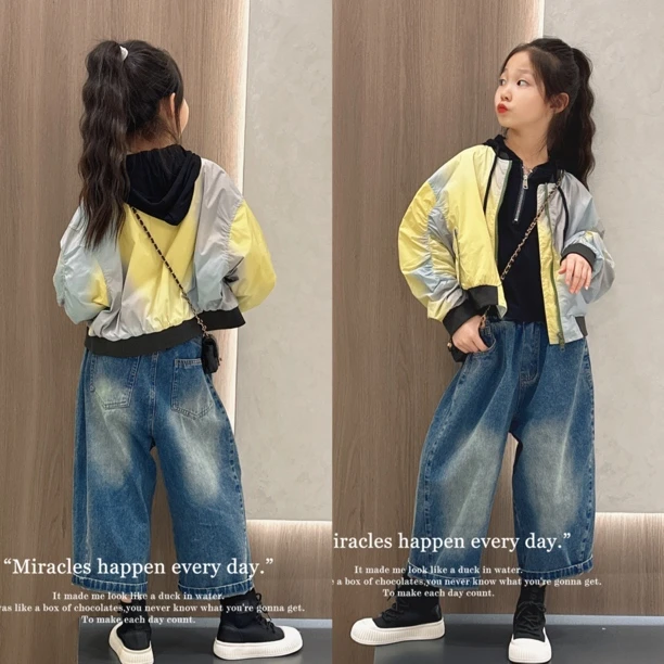 女童渐变色外套2025春装大童韩系时髦棒球服儿童褶皱设计感上衣潮