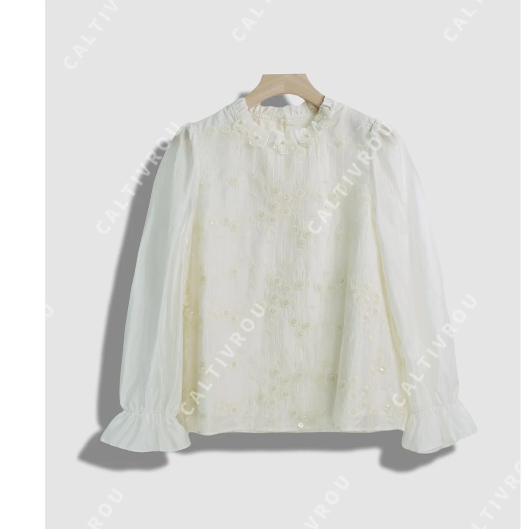 JIUJIU精致重工刺绣百搭气质衬衫上衣-Y14949