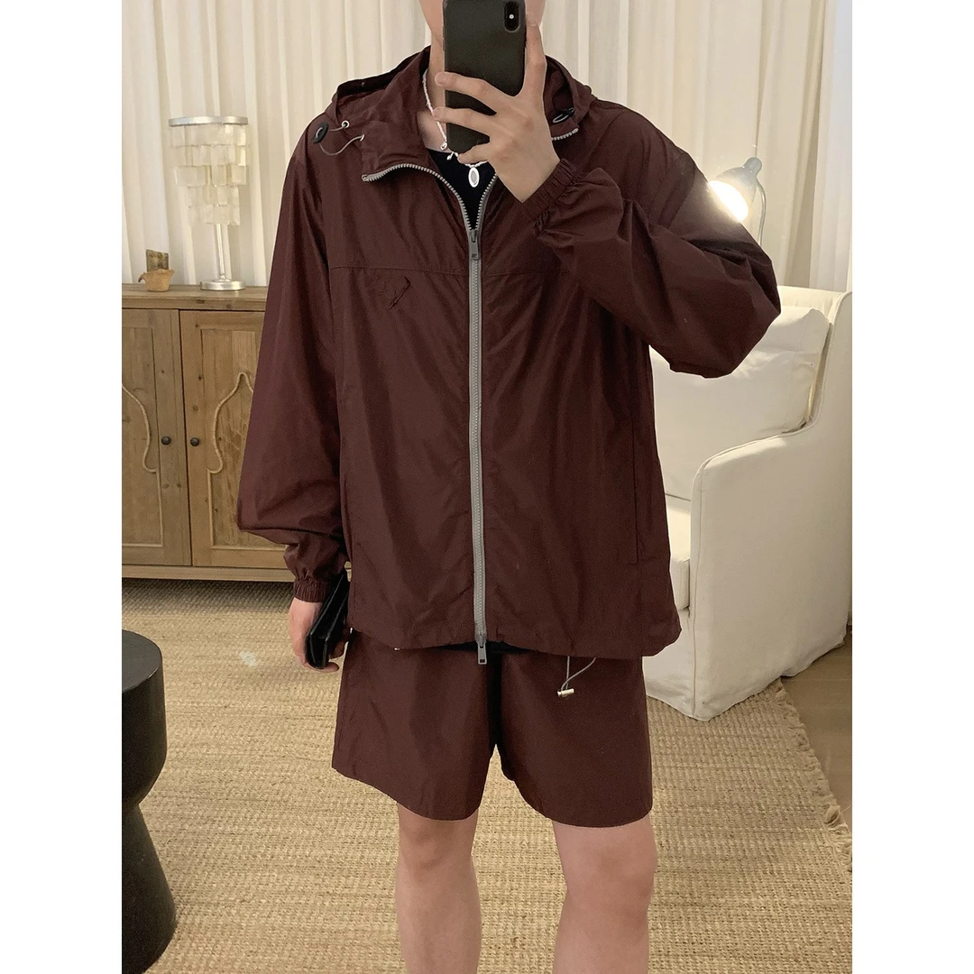 阿茶与阿古枣红防晒休闲套装男夏季宽松防晒衣短裤两件套A2505314