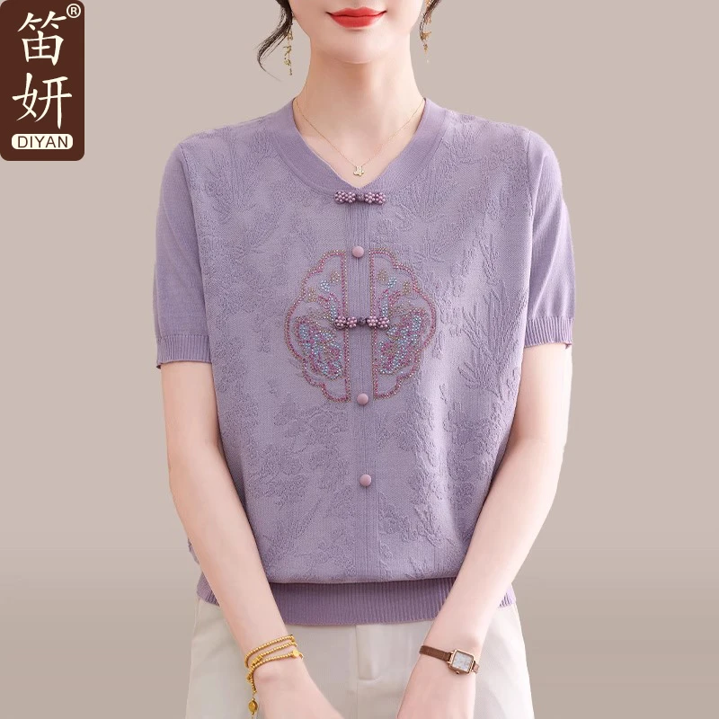 新中式国风妈妈夏装针织小衫贵夫人时尚上衣中老年女夏季短袖t恤