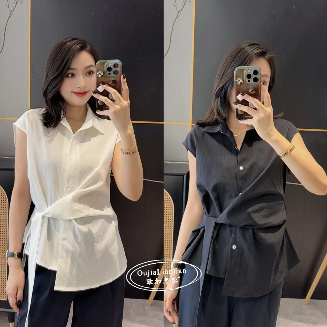 【欧加恋恋】夏韩版简约显瘦气质大方腰部系带无袖衬衣 L25050817
