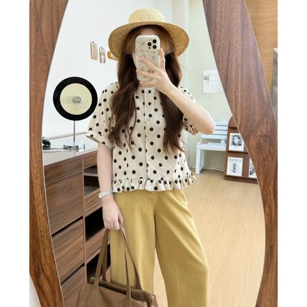 【燃燃定制】150小个子短款波点花边棉麻上衣夏季百款百搭-8952