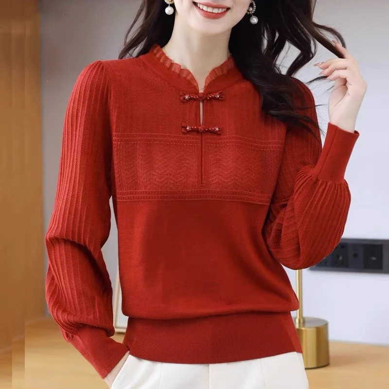 新款秋季旗袍领长袖上衣针织打底衫今年流行漂亮