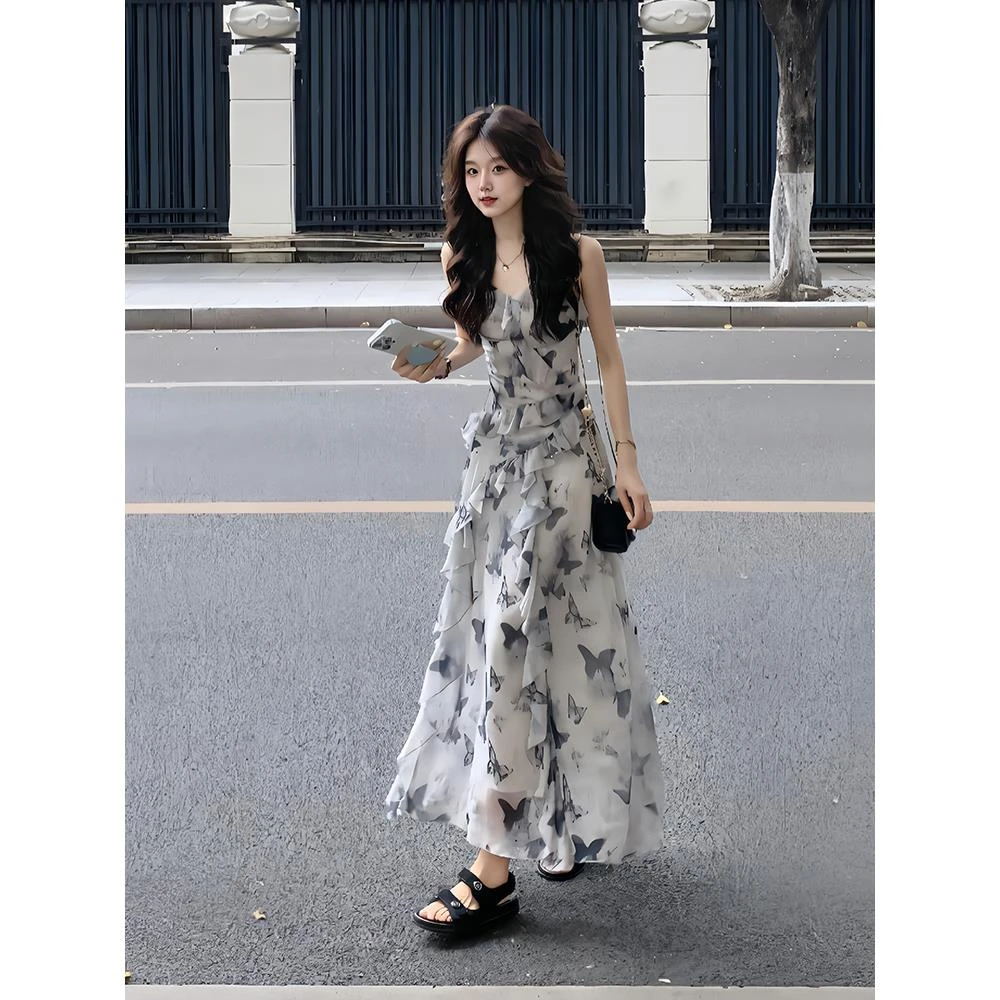 法式气质小香风灰色碎花吊带连衣裙女夏新款小个子收腰无袖长裙子