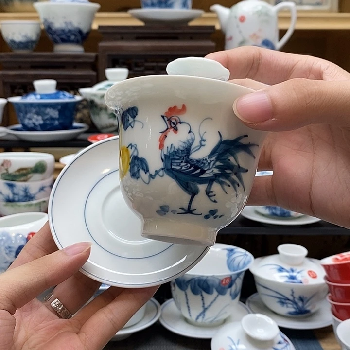 手绘公鸡160盖碗釉下彩高温瓷微瑕福利款